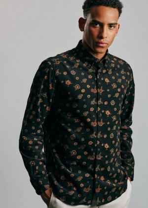 Black Ben Sherman Retro Floral Print Corduroy Shirts | 602548-JSQ