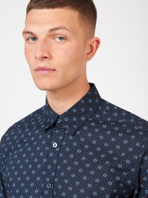 Blue Ben Sherman Signature Geo Shirts | 402785-IKF