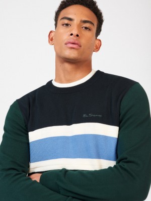 Dark Green Ben Sherman Chest Stripe Crewneck Knitwear | 982306-IET