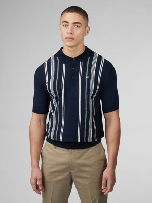 Navy Ben Sherman B by Ben Sherman Crinkle Cotton Stripe Polo Knitwear | 542108-YUO