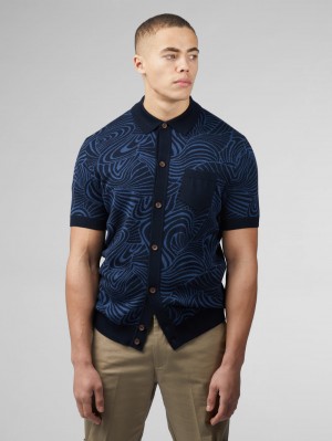 Navy Ben Sherman B by Ben Sherman Swirl Jacquard Button Through Polo Knitwear | 895276-CKL