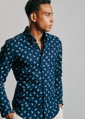 Navy Ben Sherman Micro Paisley Shirts | 520196-FRS