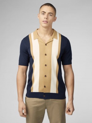 Navy Ben Sherman Signature Resort Neck Button Through Polo Knitwear | 493156-VBE