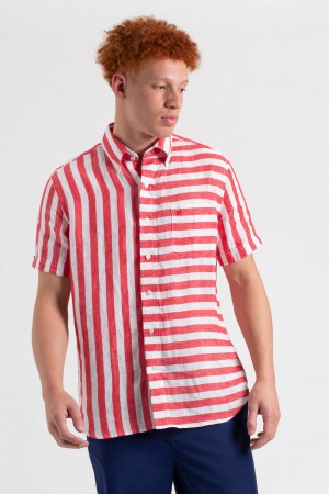 Pink Red Ben Sherman B by Ben Sherman Candy Stripe Linen Short Sleeve Shirts | 218357-JZN