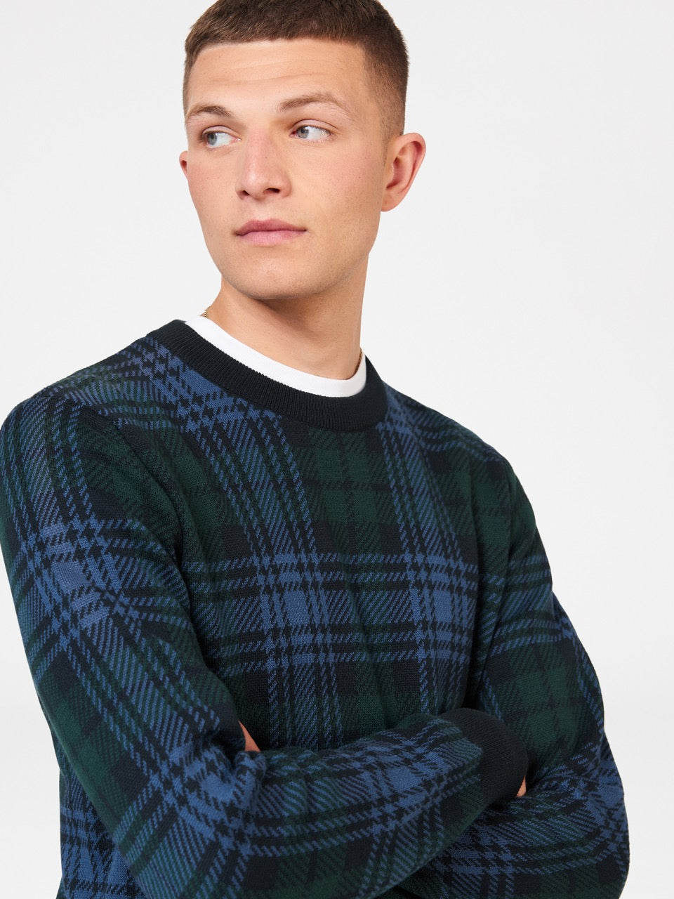 Black Ben Sherman Blackwatch Check Crewneck Knitwear | 579814-HLA