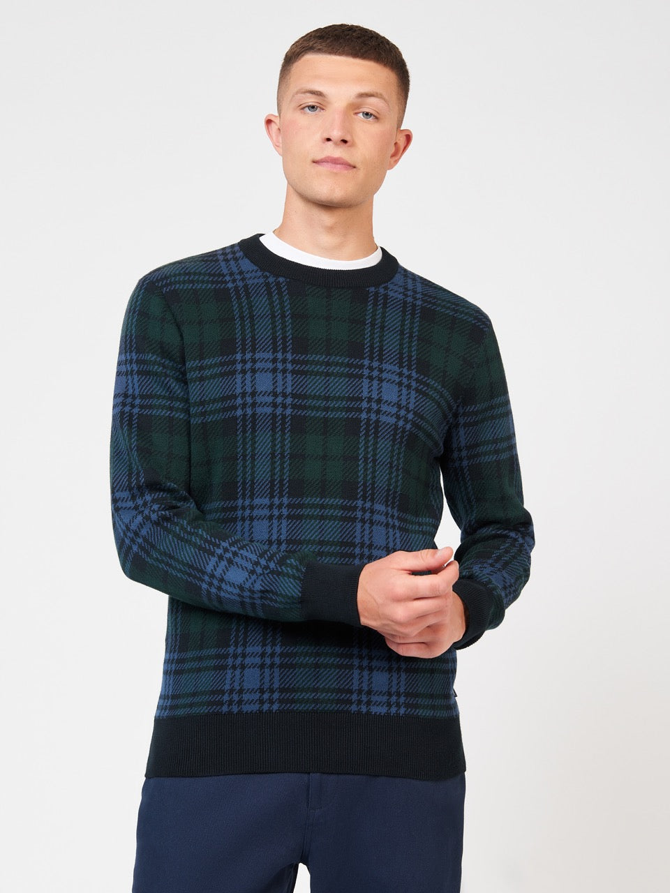 Black Ben Sherman Blackwatch Check Crewneck Knitwear | 579814-HLA