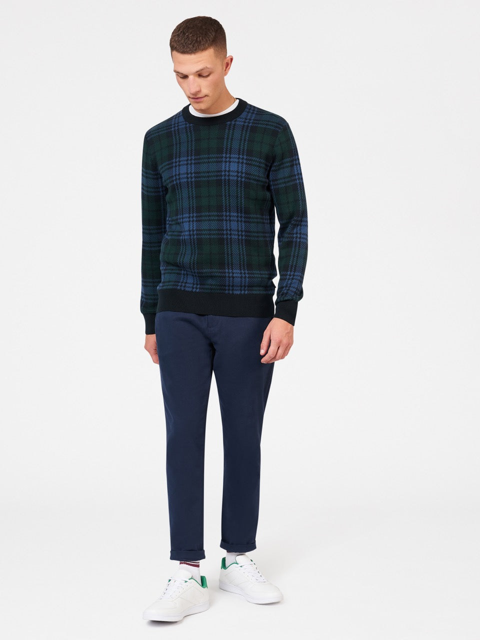 Black Ben Sherman Blackwatch Check Crewneck Knitwear | 579814-HLA