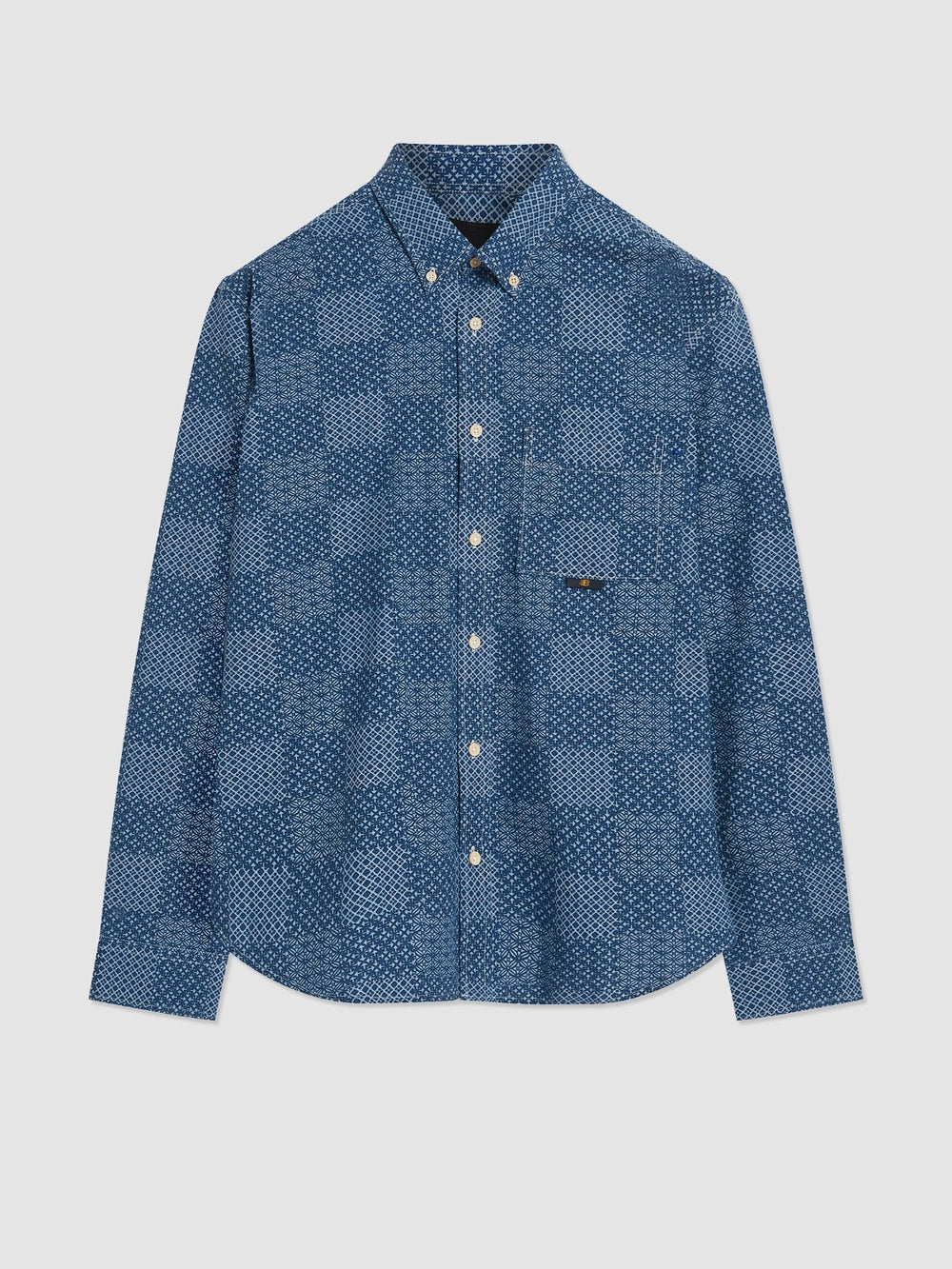 Blue Ben Sherman Chambray Patchwork Geo Print Long-Sleeve Shirts | 049357-RWK