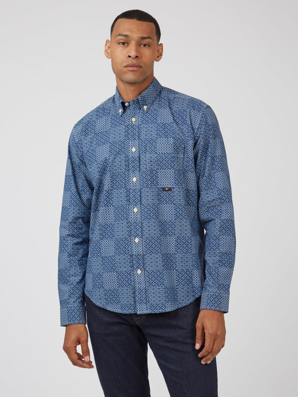 Blue Ben Sherman Chambray Patchwork Geo Print Long-Sleeve Shirts | 049357-RWK