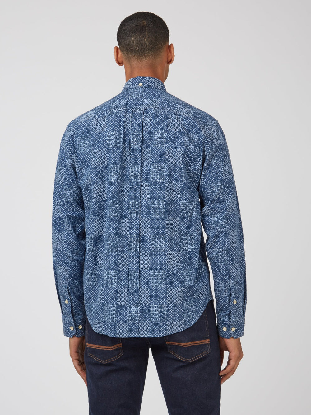 Blue Ben Sherman Chambray Patchwork Geo Print Long-Sleeve Shirts | 049357-RWK