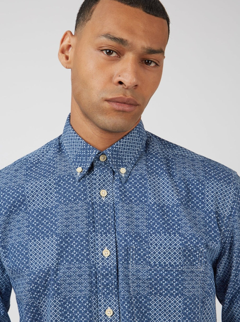 Blue Ben Sherman Chambray Patchwork Geo Print Long-Sleeve Shirts | 049357-RWK