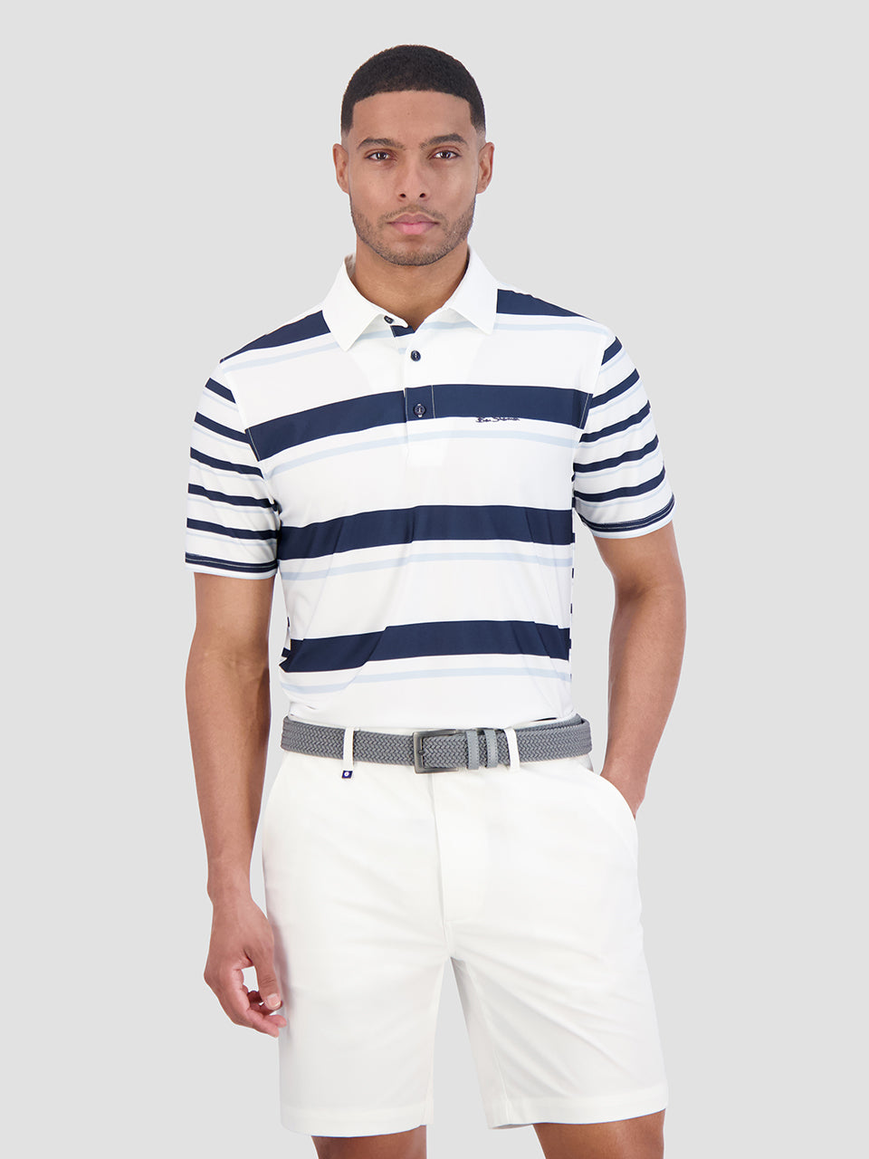 Blue Ben Sherman Mixed Mod Stripes Tech Jersey Sports Fit Polo Shirts | 172806-XPJ