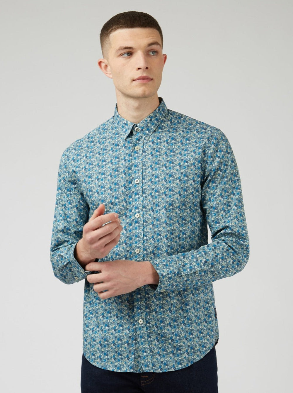 Blue Grey Ben Sherman Floral Print Long-Sleeve Shirts | 247630-UKB