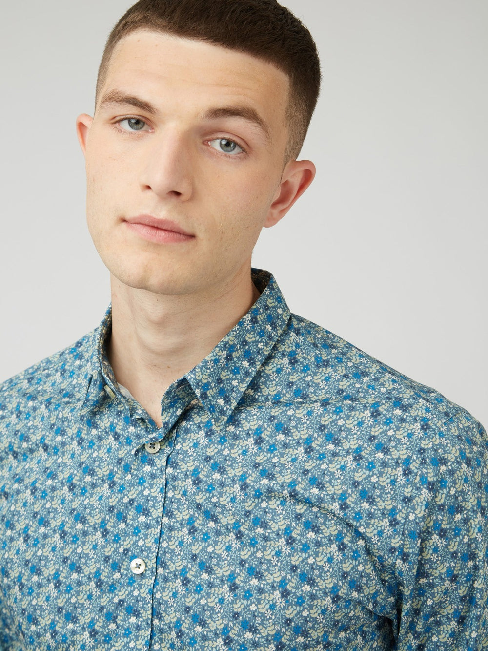 Blue Grey Ben Sherman Floral Print Long-Sleeve Shirts | 247630-UKB