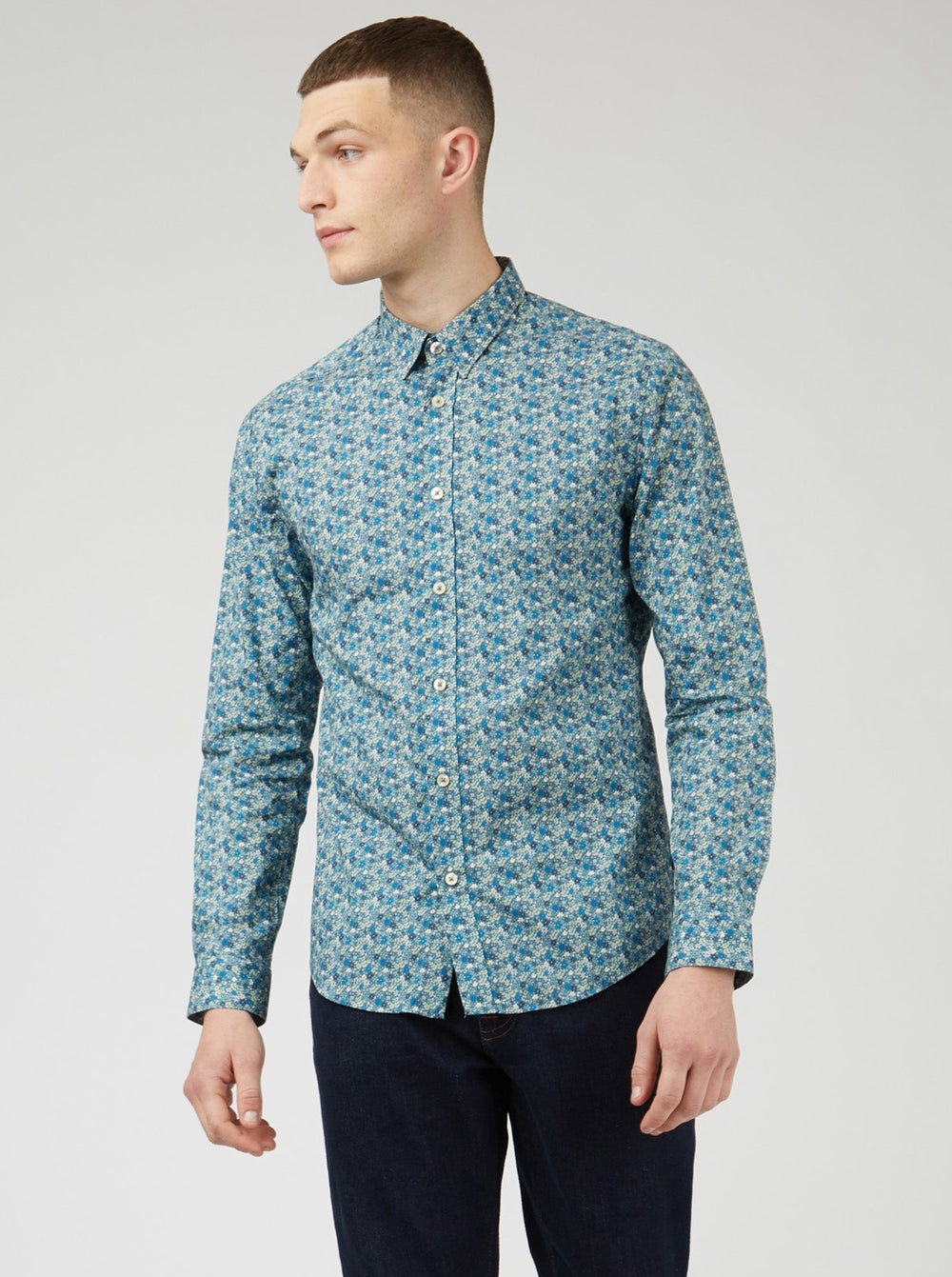 Blue Grey Ben Sherman Floral Print Long-Sleeve Shirts | 247630-UKB