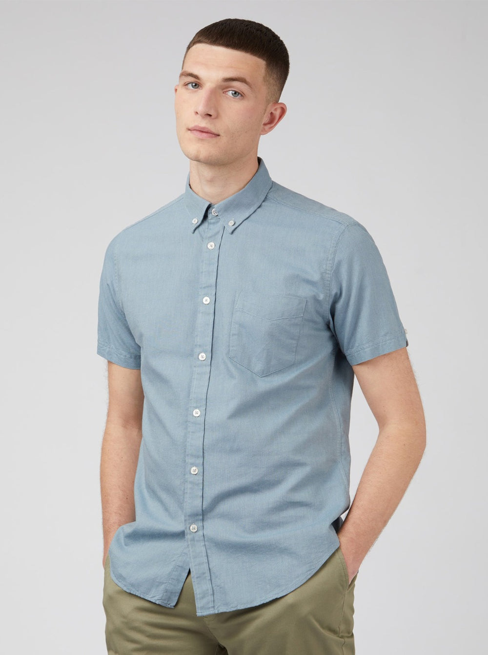 Blue Grey Ben Sherman Signature Organic Short-Sleeve Oxford Shadow Shirts | 043215-LVE