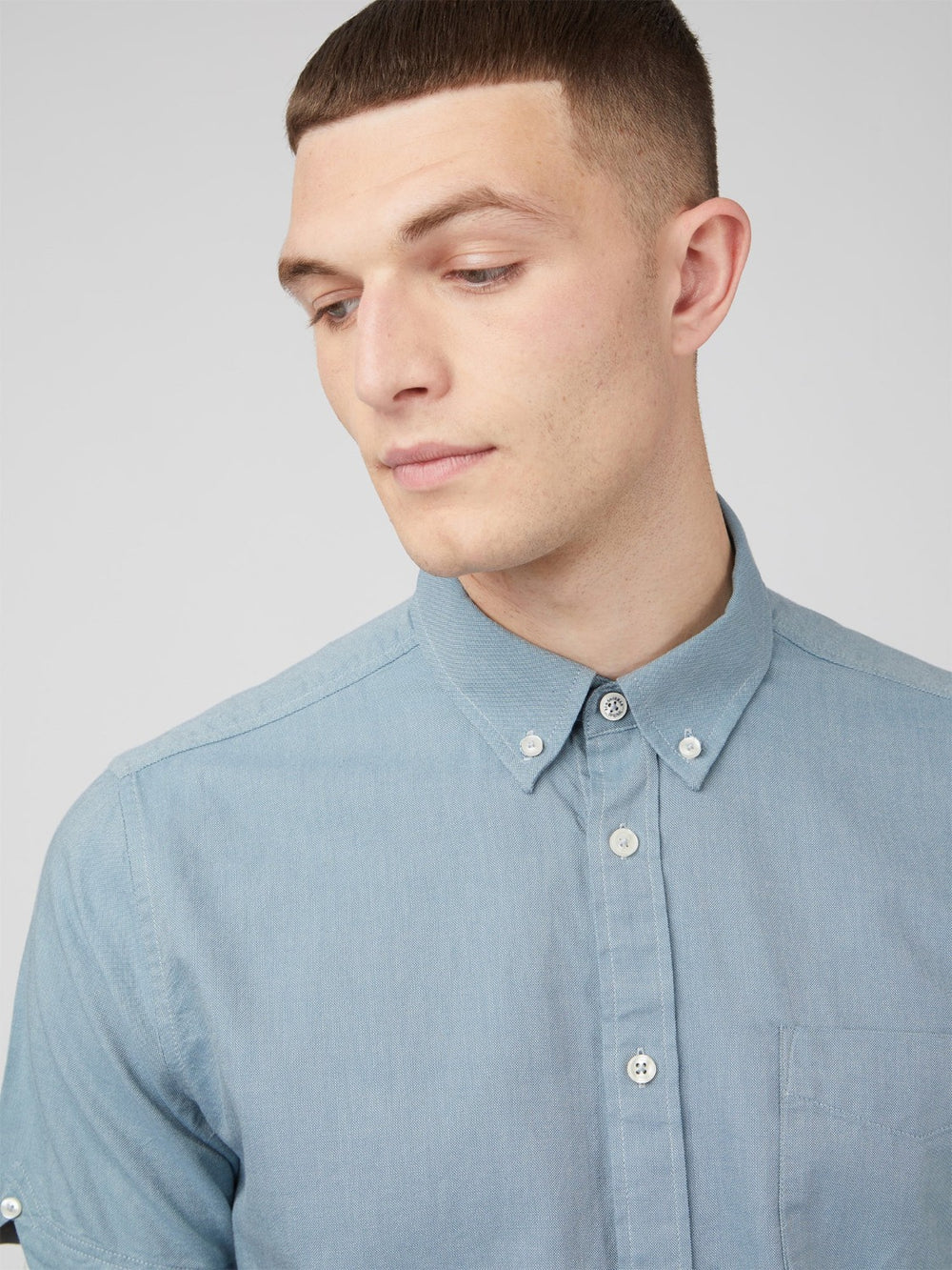 Blue Grey Ben Sherman Signature Organic Short-Sleeve Oxford Shadow Shirts | 043215-LVE