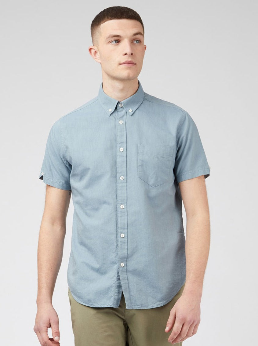 Blue Grey Ben Sherman Signature Organic Short-Sleeve Oxford Shadow Shirts | 043215-LVE