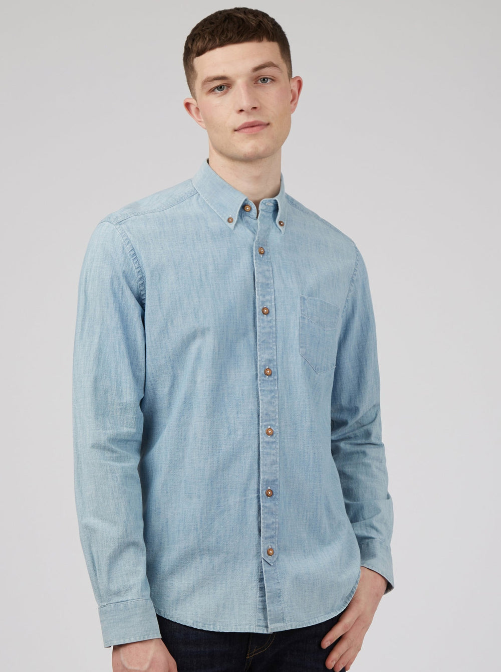 Blue / Navy Ben Sherman Long-Sleeve Chambray Shirts | 052184-TOC