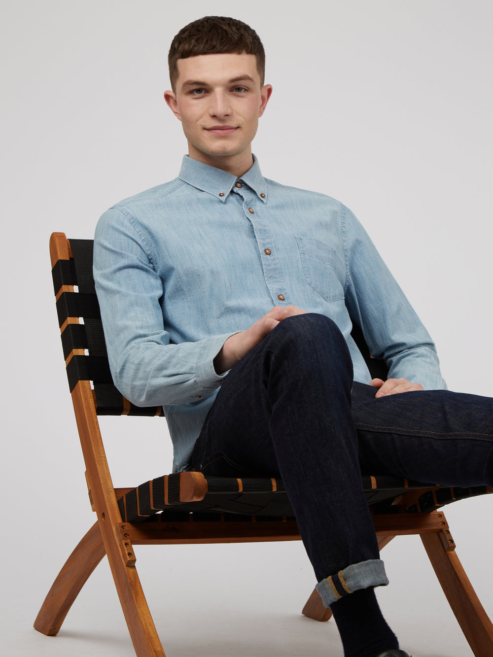 Blue / Navy Ben Sherman Long-Sleeve Chambray Shirts | 052184-TOC