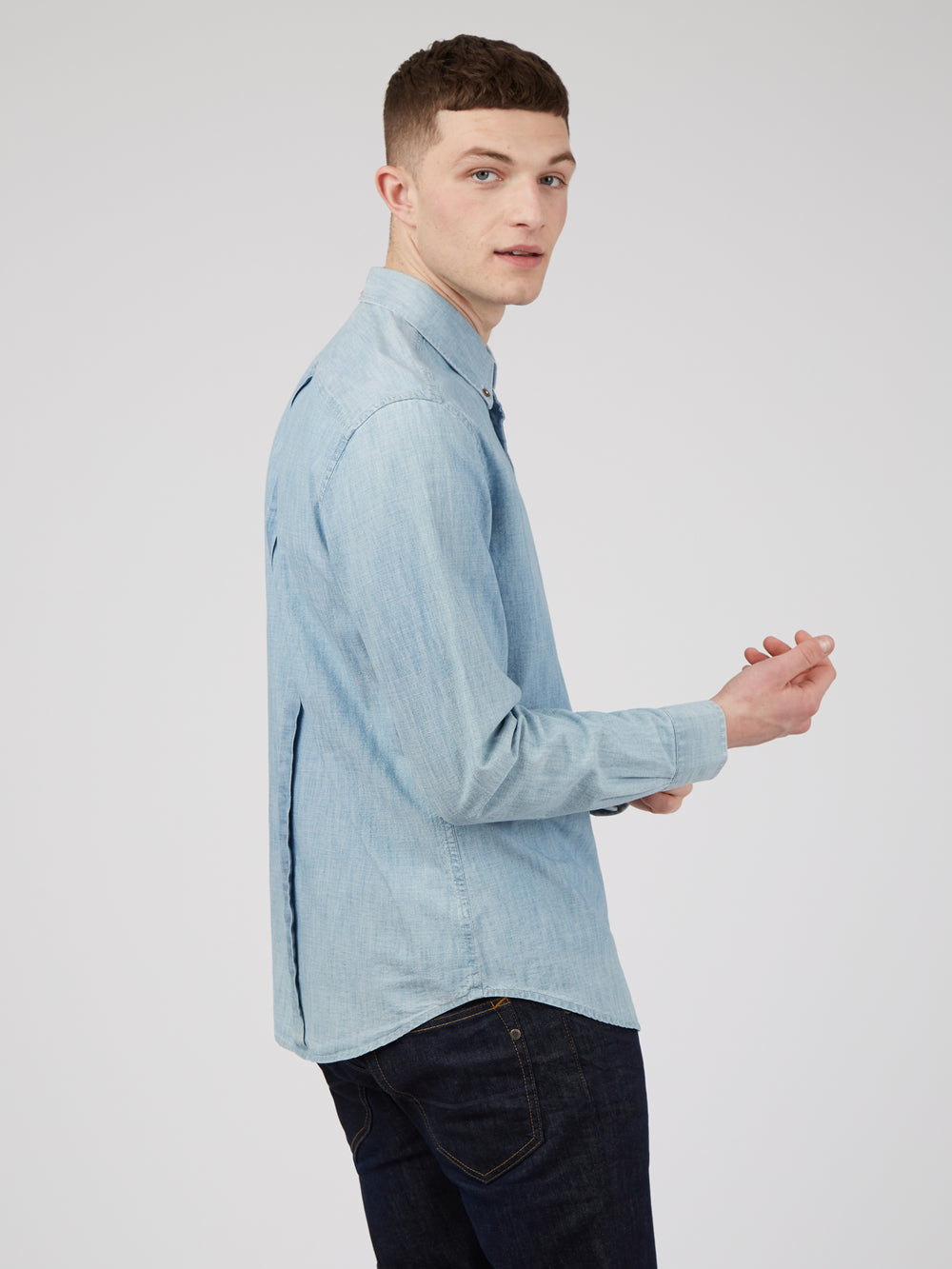 Blue / Navy Ben Sherman Long-Sleeve Chambray Shirts | 052184-TOC