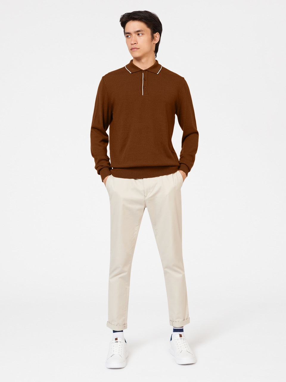 Brown Ben Sherman Tipped Merino Polo Neck Sweaters | 750389-BMF