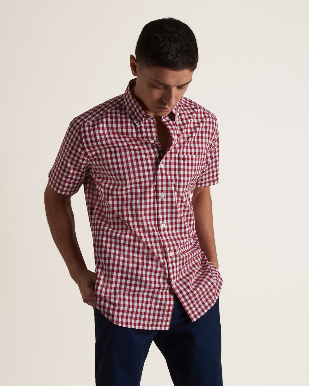 Burgundy Ben Sherman Short Sleeve House Poplin Gingham Shirts | 281473-TOZ