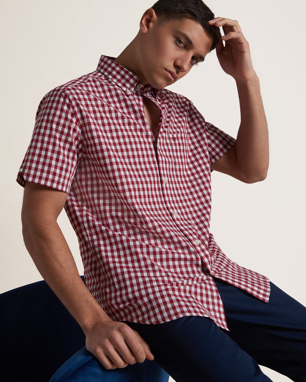 Burgundy Ben Sherman Short Sleeve House Poplin Gingham Shirts | 281473-TOZ