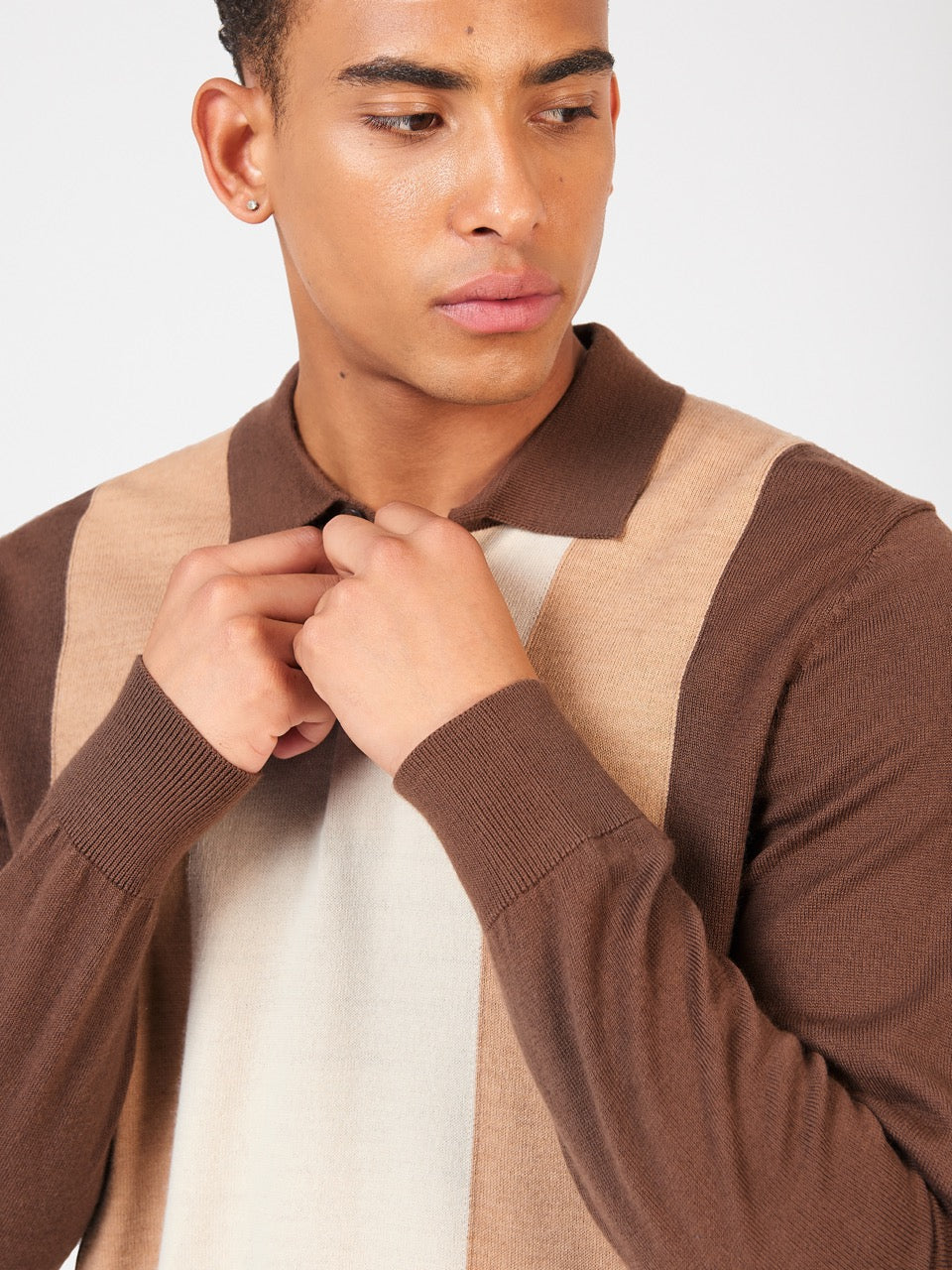 Chocolate Ben Sherman Block Stripe Merino Polo Neck Sweaters | 726481-AQH