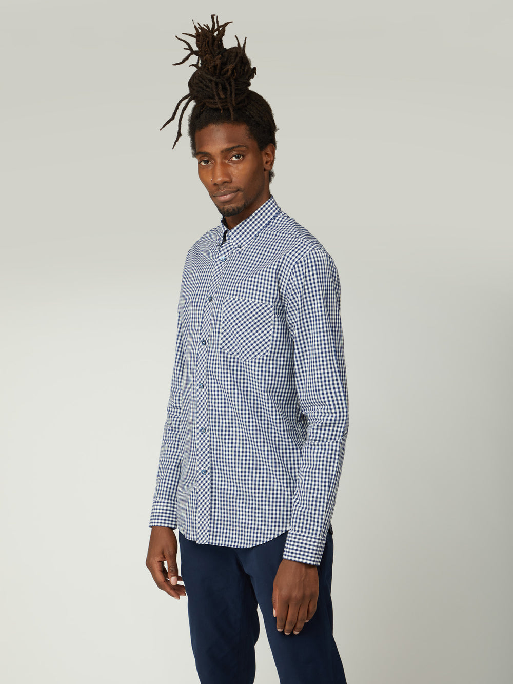 Dark Blue Ben Sherman Signature Long-Sleeve Gingham Shirts | 840321-ATG