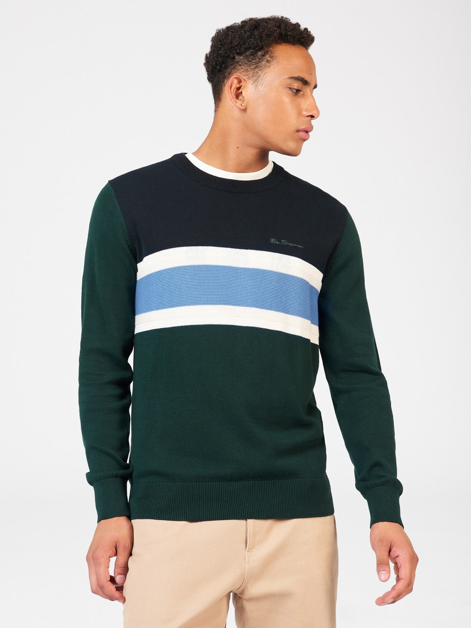 Dark Green Ben Sherman Chest Stripe Crewneck Knitwear | 982306-IET