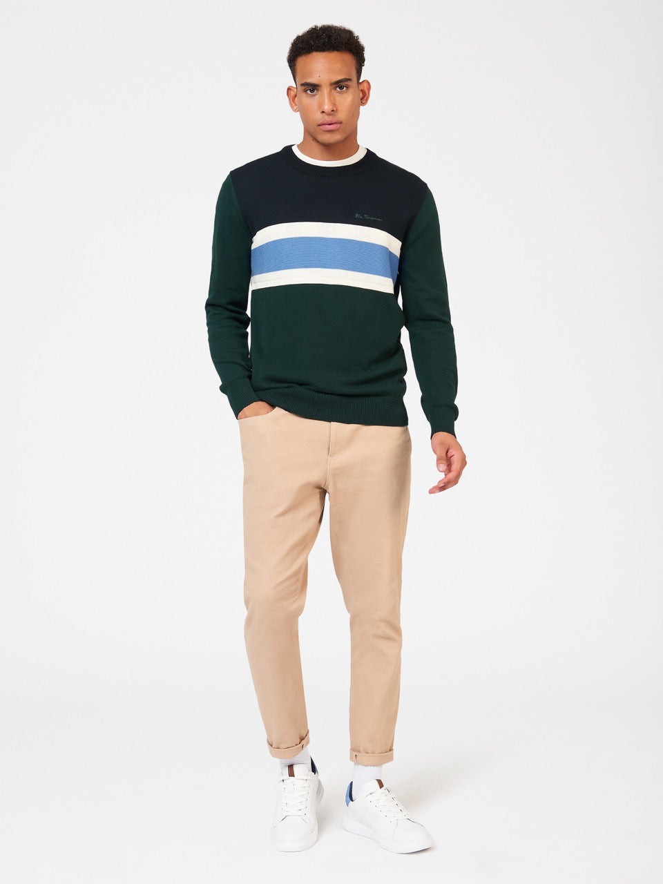 Dark Green Ben Sherman Chest Stripe Crewneck Knitwear | 982306-IET