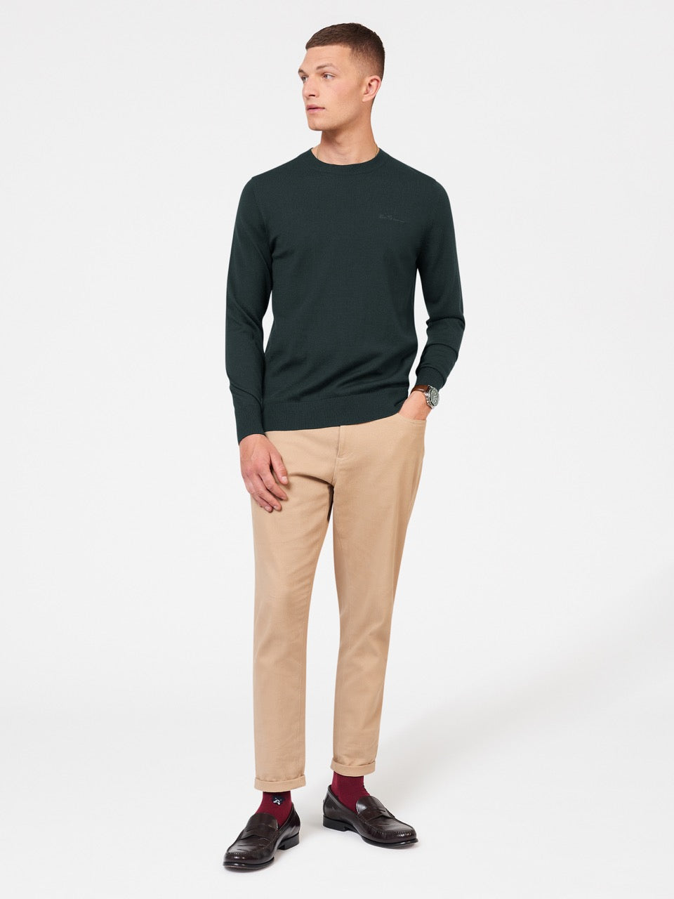 Dark Green Ben Sherman Signature Merino Crewneck Knitwear | 916352-SAV