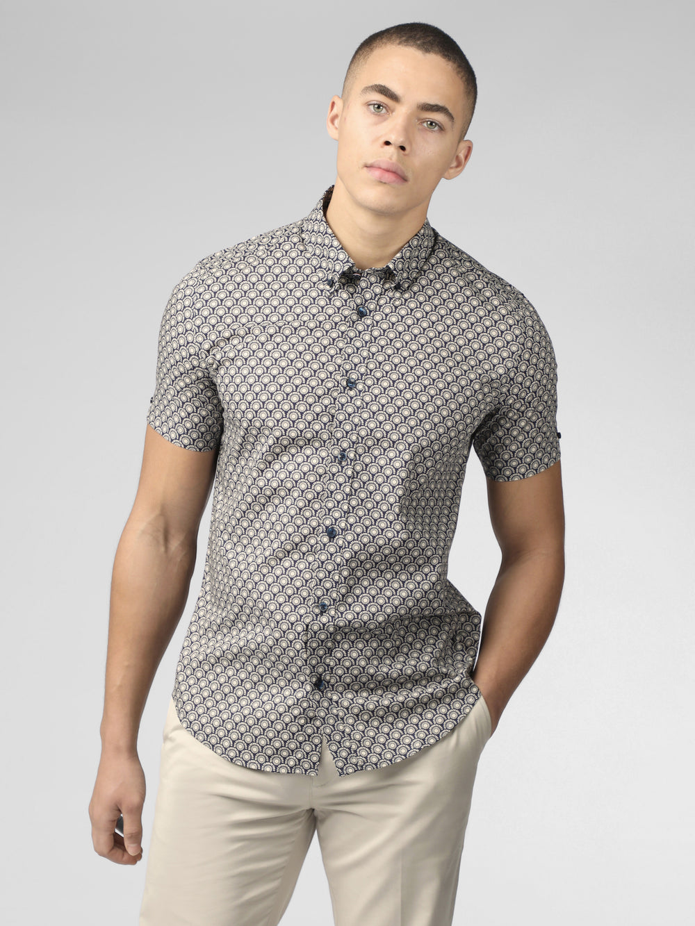 Grey Ben Sherman Block Geo Shirts | 579631-CMQ