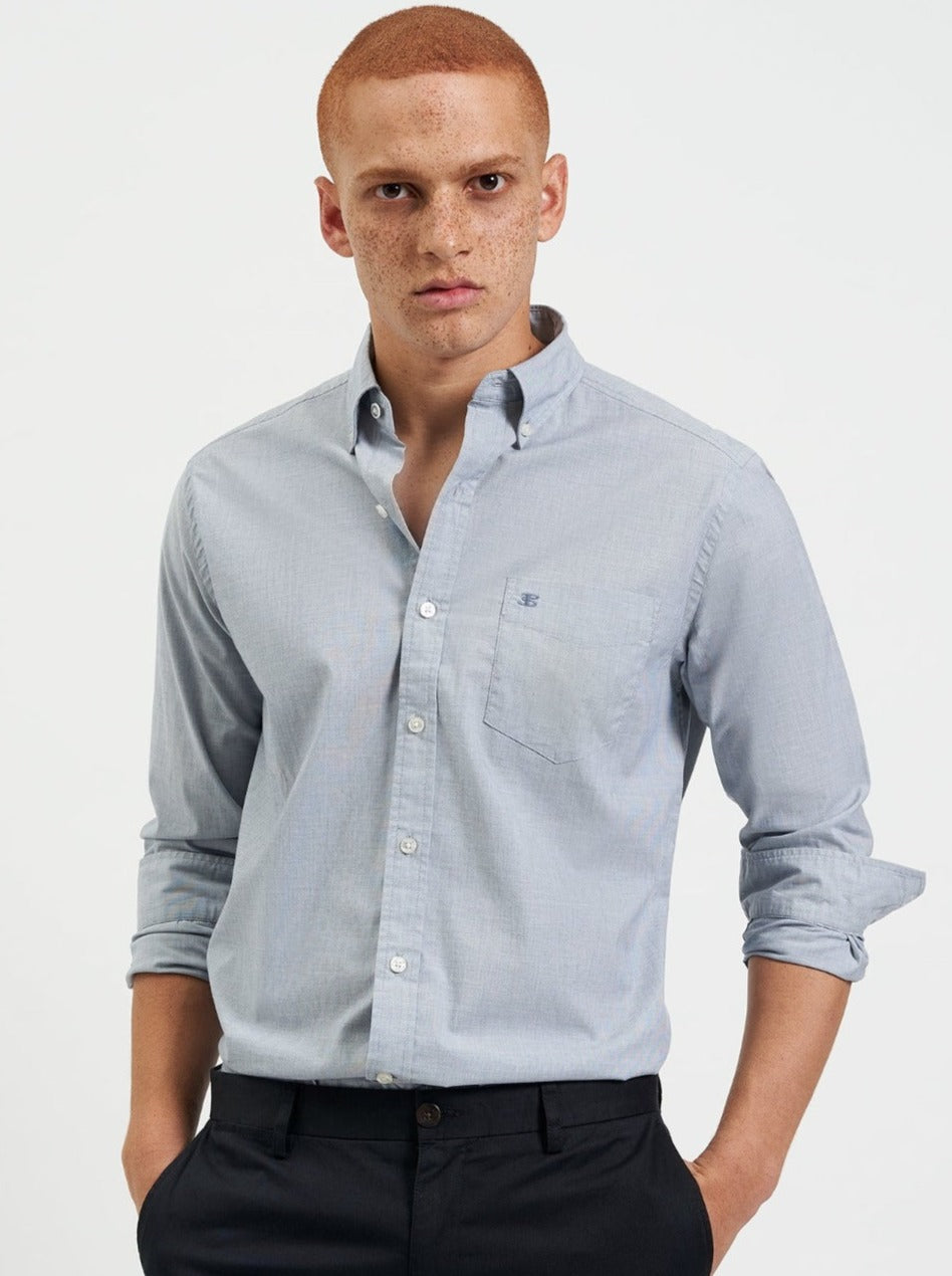 Navy Ben Sherman Beatnik Wash Long-Sleeve Shirts | 067958-BTI