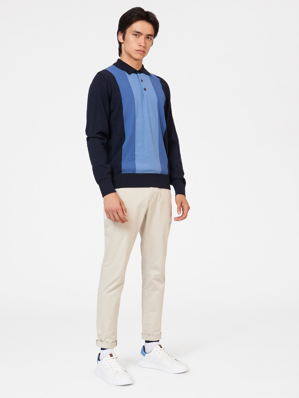 Navy Ben Sherman Block Stripe Merino Polo Neck Sweaters | 237081-QLX