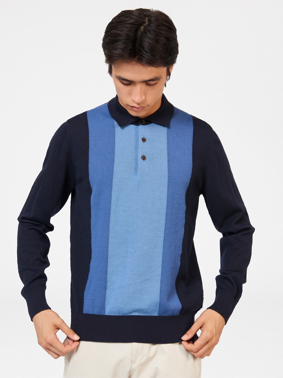 Navy Ben Sherman Block Stripe Merino Polo Neck Sweaters | 237081-QLX