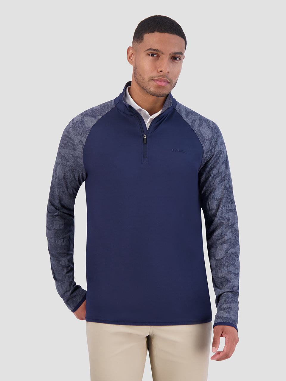 Navy Ben Sherman Camo Jacq. Sleeve Quarter Zip Jackets | 513724-ZTV