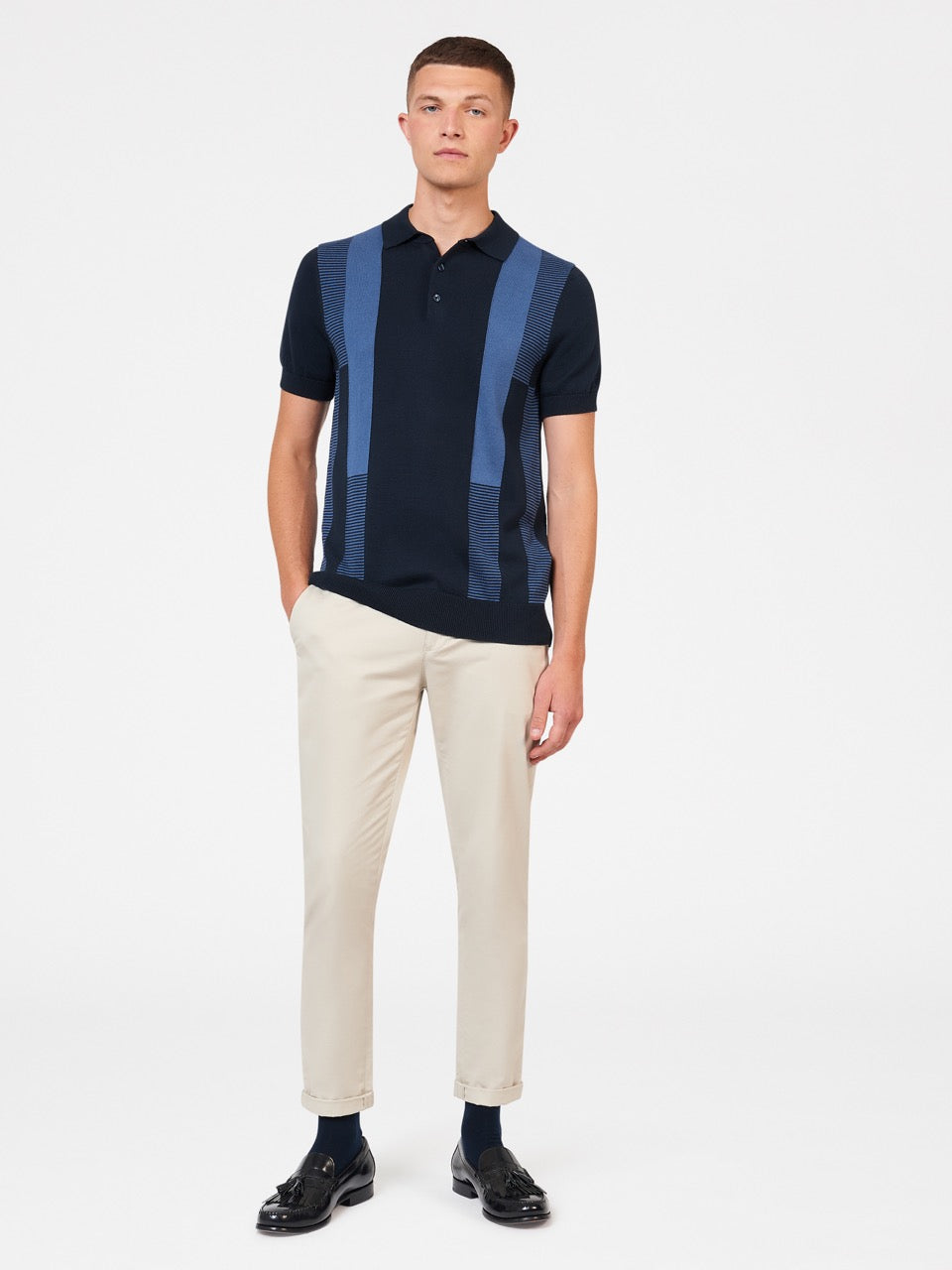 Navy Ben Sherman Intarsia Stripe Polo Neck Sweaters | 635701-NSR