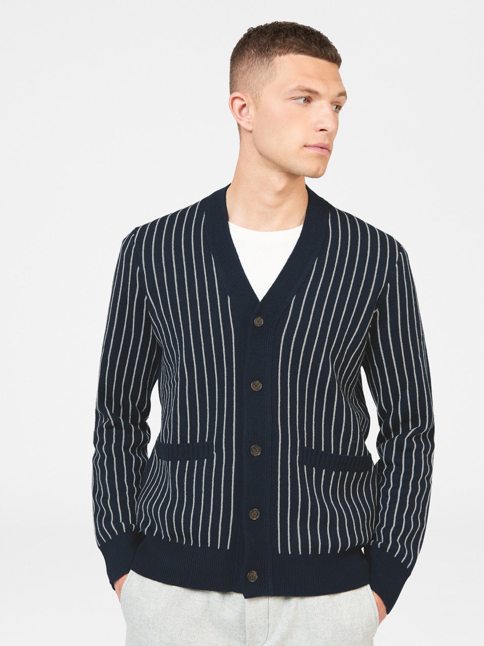 Navy Ben Sherman Jacquard Stripe Cardigan Knitwear | 374268-OEI