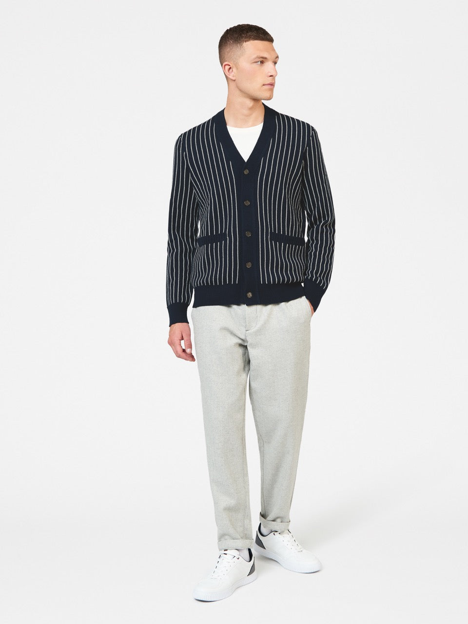 Navy Ben Sherman Jacquard Stripe Cardigan Knitwear | 374268-OEI