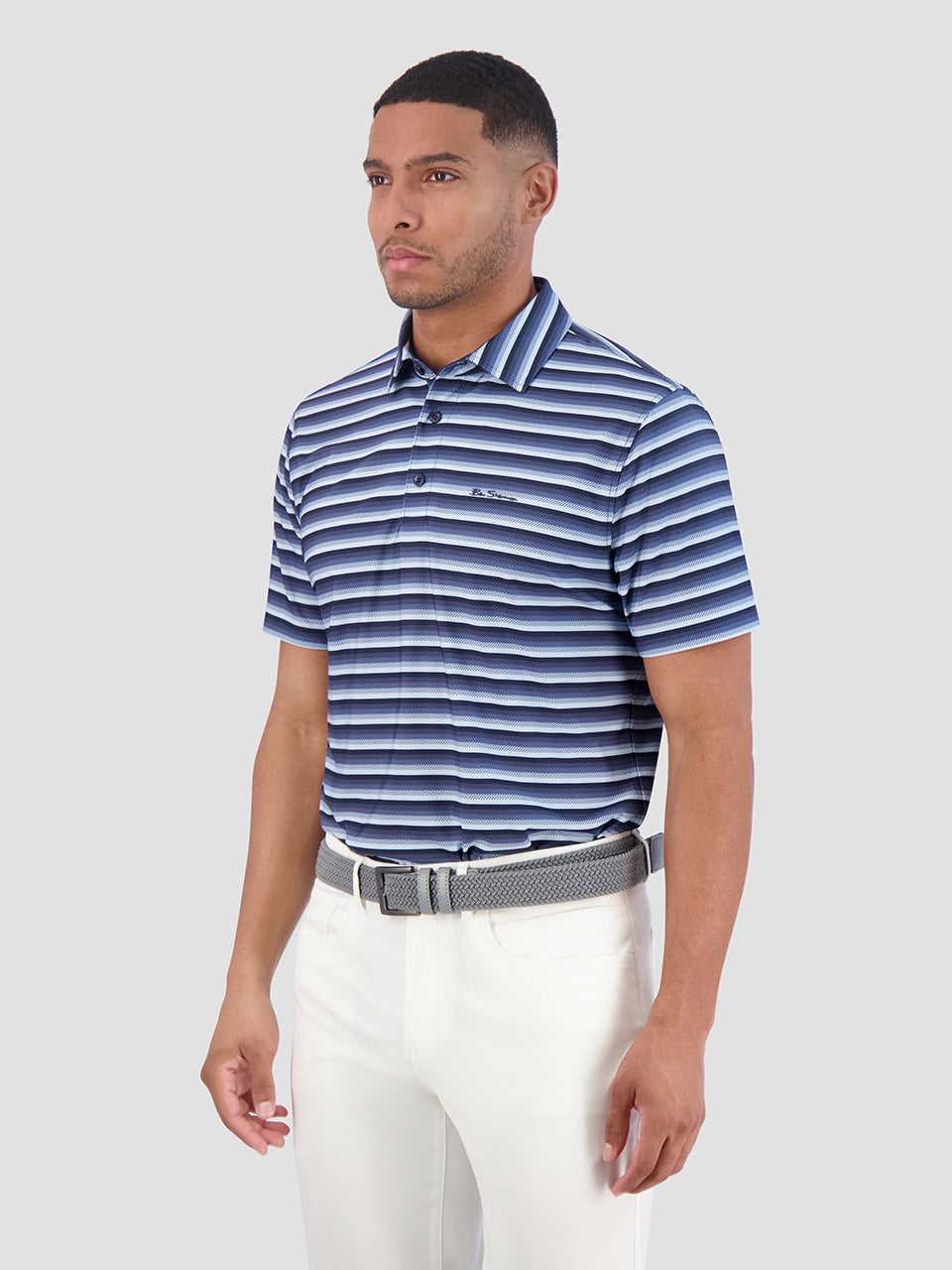 Navy Ben Sherman Multi Stripe Tech Jersey Sports Fit Polo Shirts | 708916-BFJ