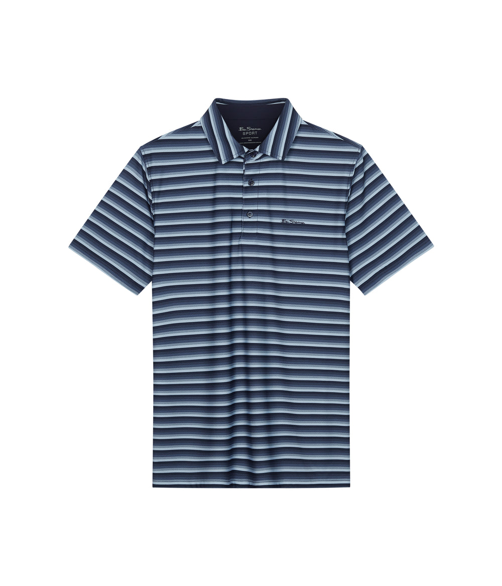 Navy Ben Sherman Multi Stripe Tech Jersey Sports Fit Polo Shirts | 708916-BFJ