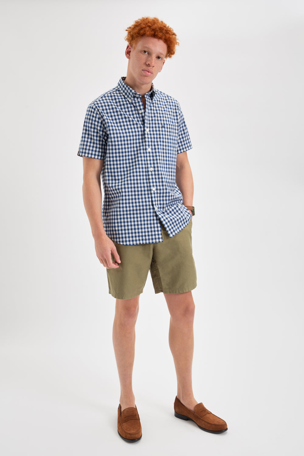 Navy / Olive Ben Sherman Short Sleeve House Poplin Gingham Shirts | 936817-BUN