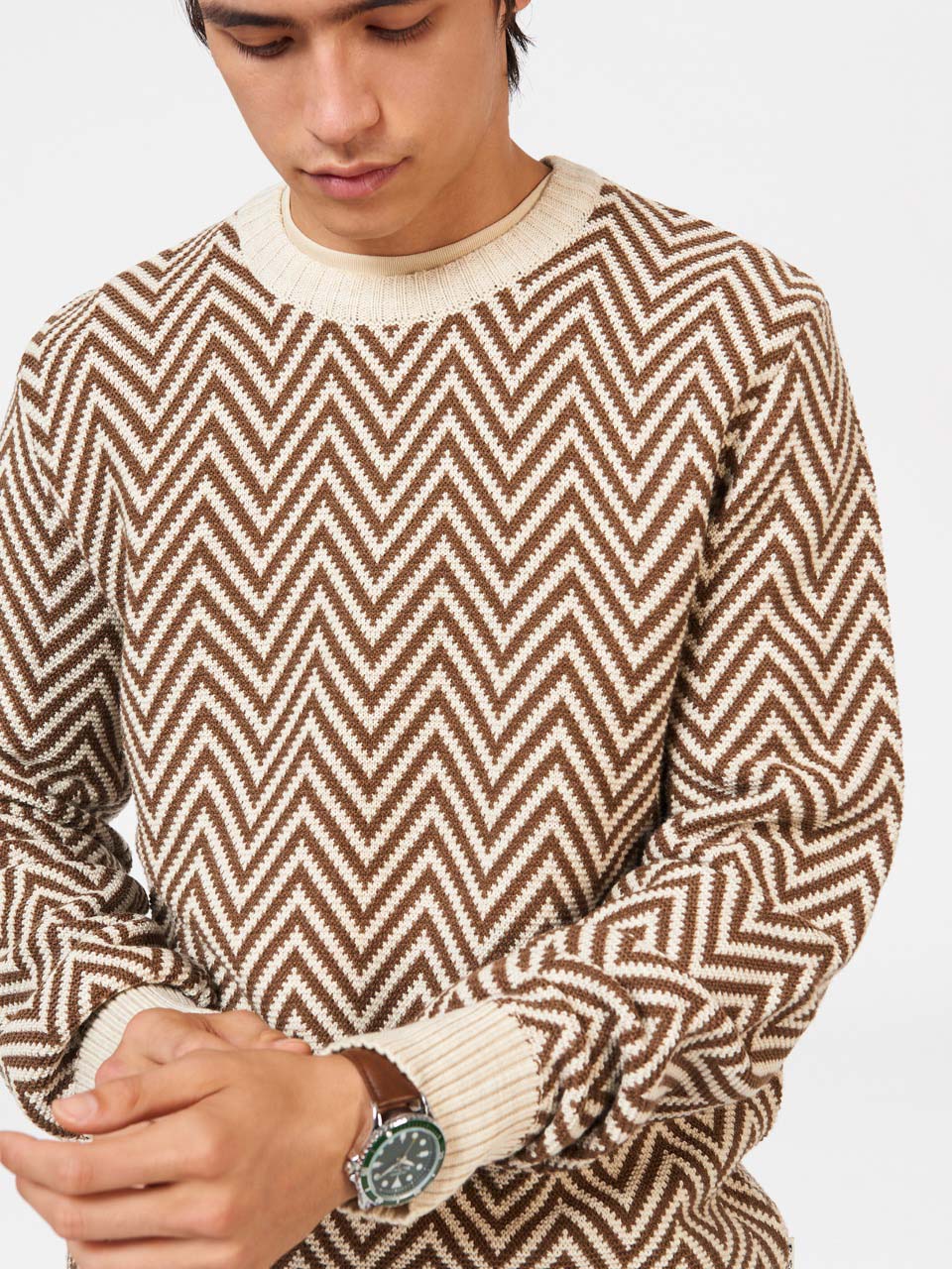 White Ben Sherman Chevron Jacquard Crewneck Knitwear | 407815-QWK