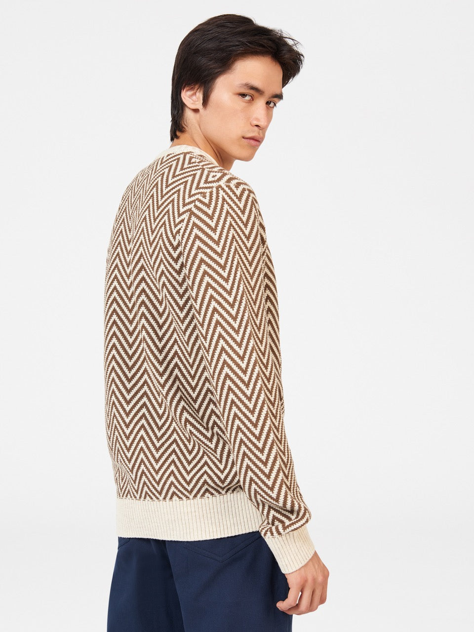 White Ben Sherman Chevron Jacquard Crewneck Knitwear | 407815-QWK