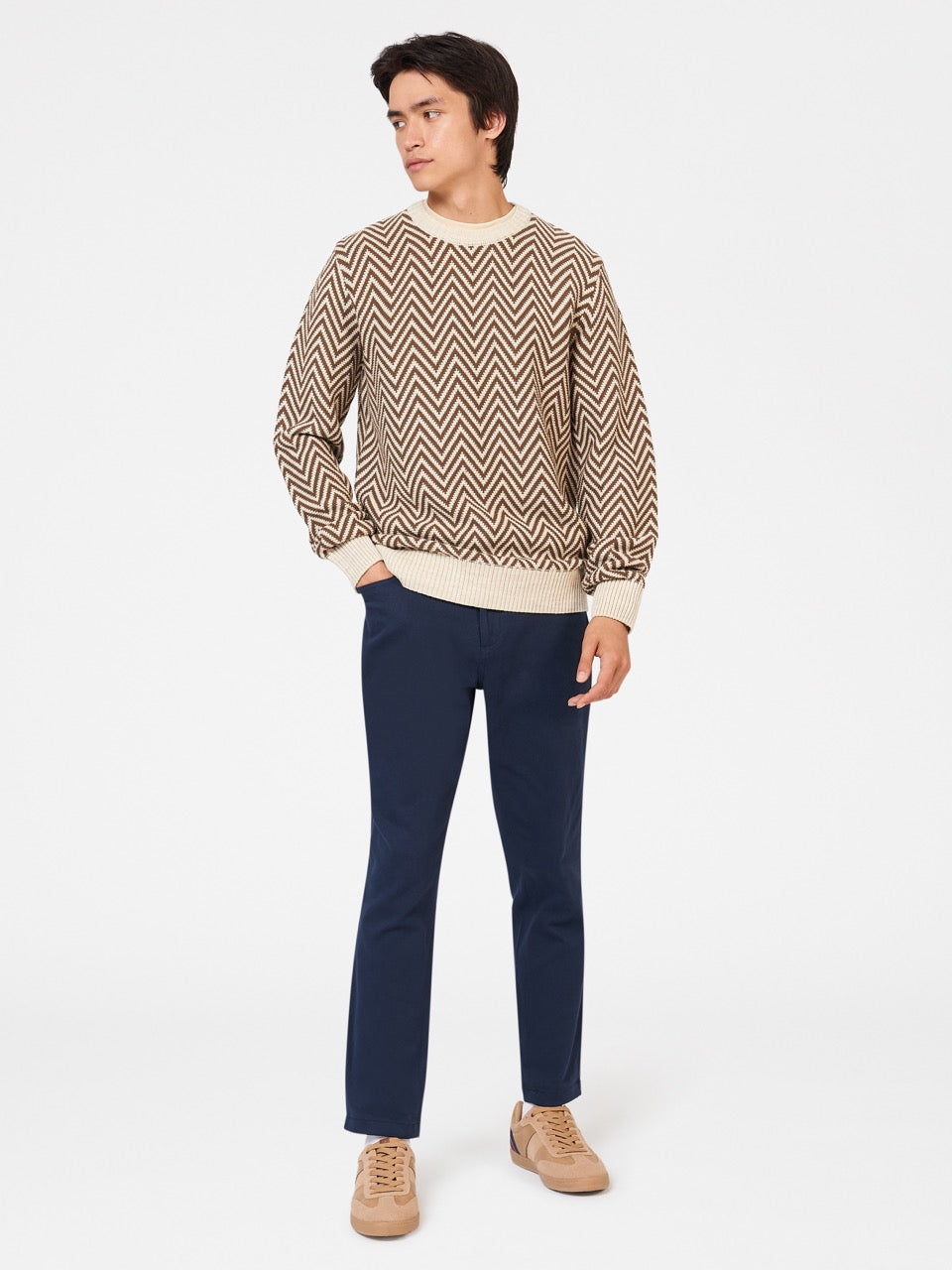 White Ben Sherman Chevron Jacquard Crewneck Knitwear | 407815-QWK